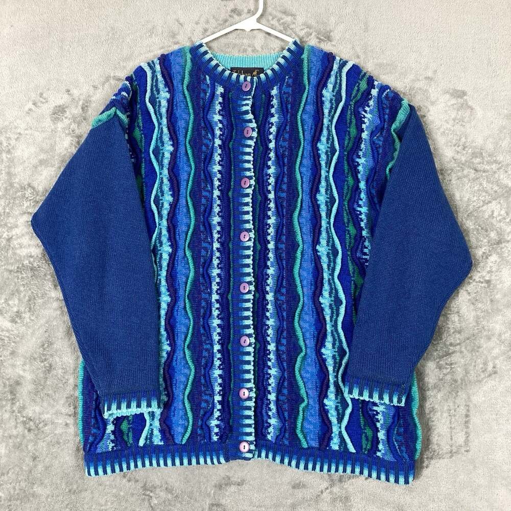 Vintage Tulchan Sweater Womens L/XL Wool Cardigan Chunky Knit 3D Coogi Style 90s